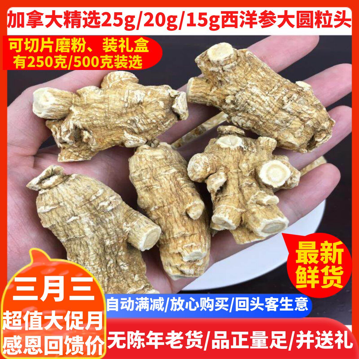 加拿大精选进口特级25g/15g大圆粒头西洋参段500克花旗参切片磨粉