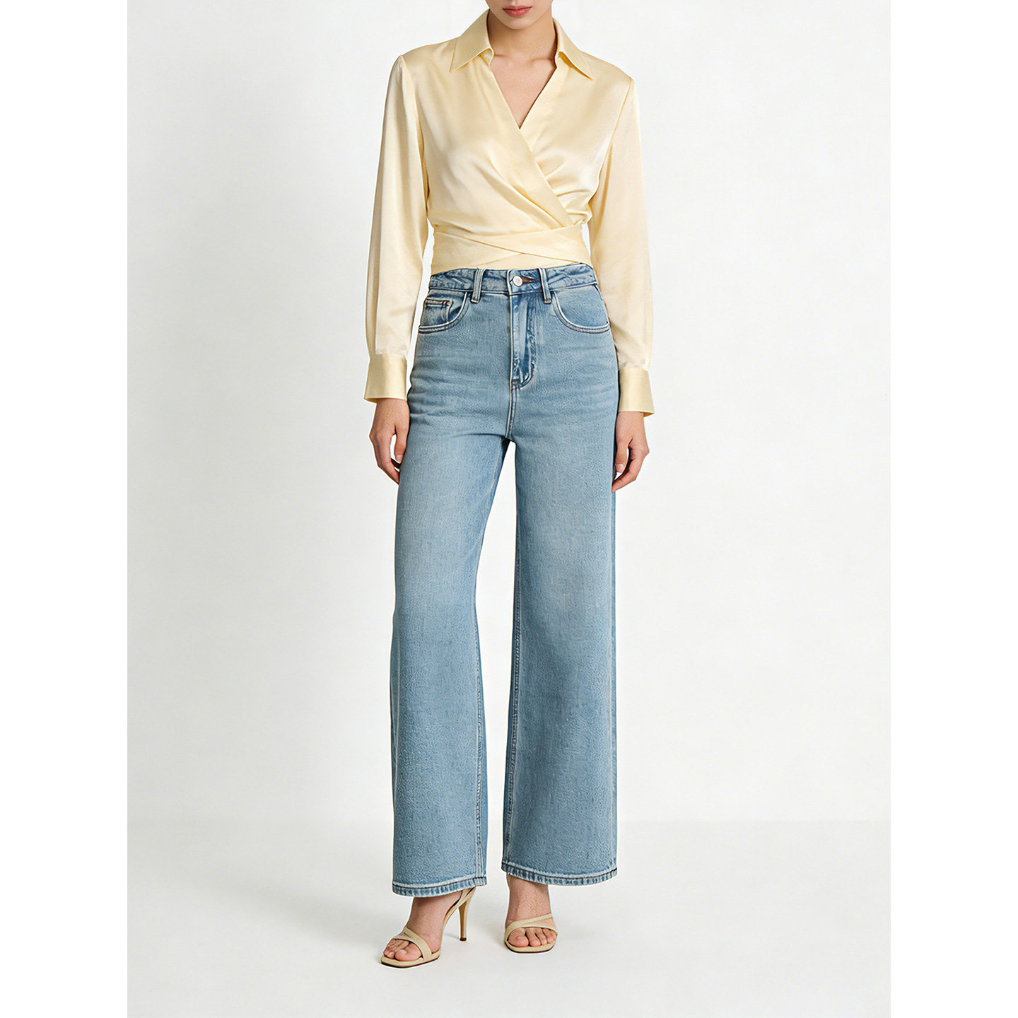 2026春季时尚直筒牛仔裤女高腰显瘦高端浅蓝色休闲宽松窄版阔腿裤