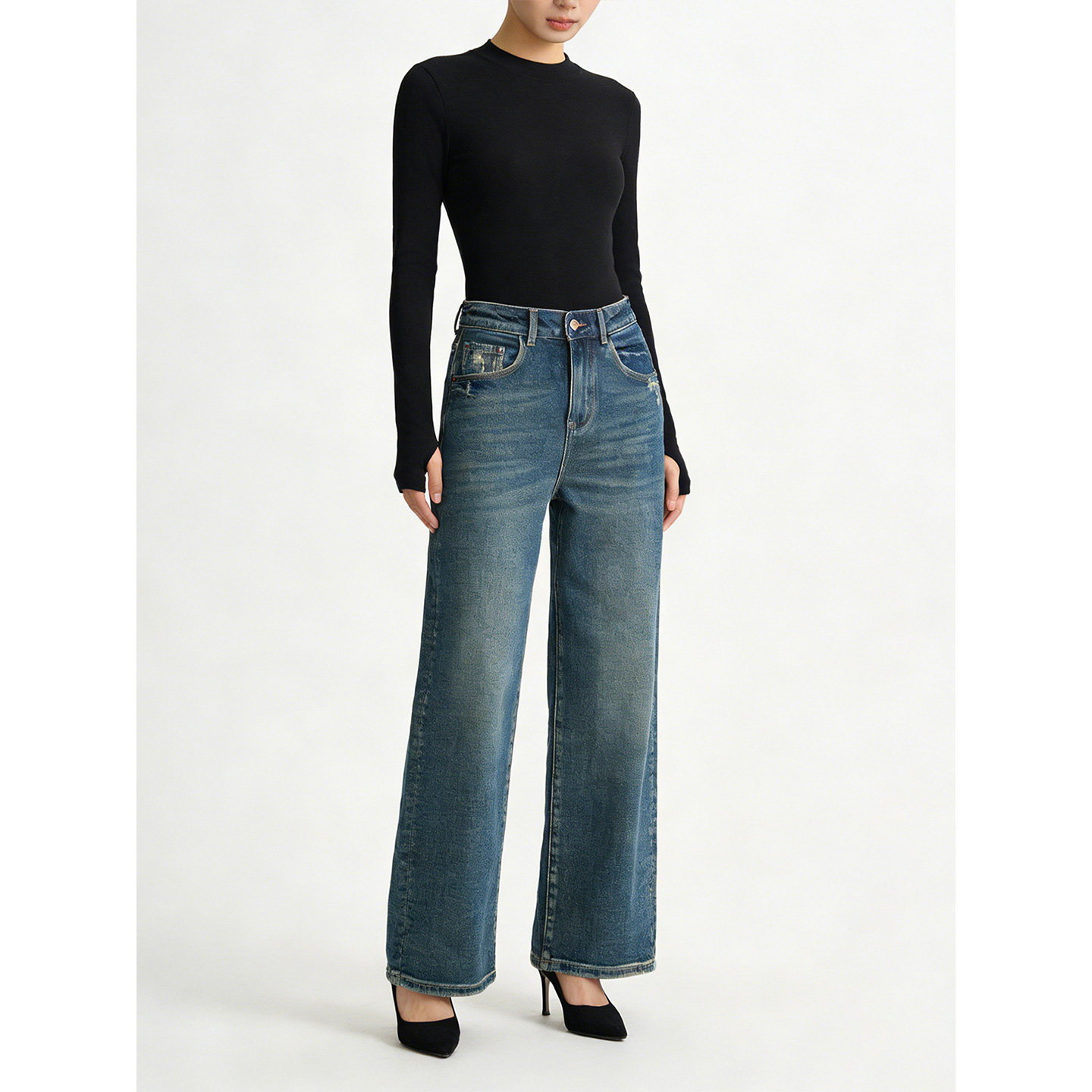 2026春季新款宽松阔腿牛仔裤女窄版高腰显瘦弹力复古高端直筒裤