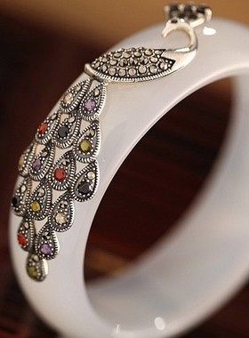 七彩纯银复古风马克赛白玉髓手镯