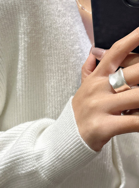 重工磨砂S925纯银大戒指环设计感的独特夸张食指女开口无名指宽版