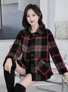 秋冬百搭毛衣外套女士新款格子上衣中老年妈妈装短款翻领系扣大衣