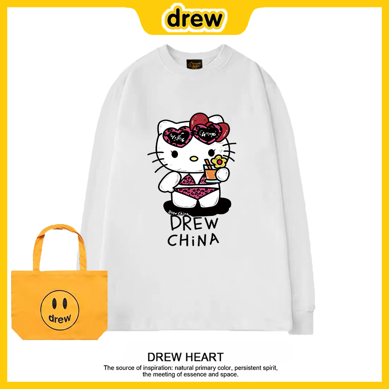 drew美式潮牌趣味比基尼KT猫长袖T恤男女休闲宽松情侣打底上衣ins