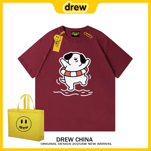 drew美式潮牌泳圈小狗复古宽松短袖t恤男女学生情侣纯棉上衣INS潮