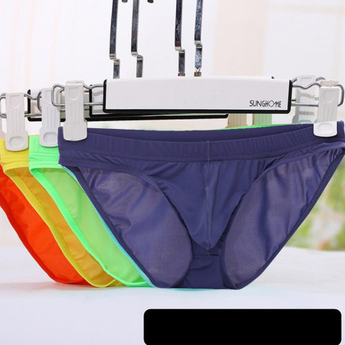 购买4条发货男士内裤运动冰丝无痕低腰U凸性感透明青年三角裤衩