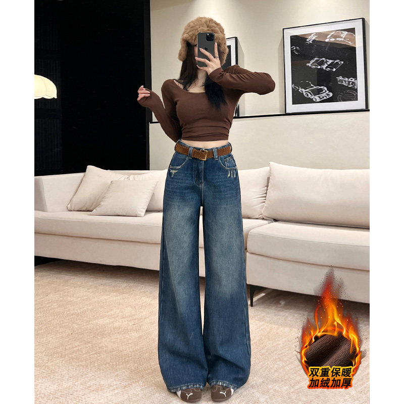 乔栈美式复古磨破设计加绒阔腿牛仔裤女秋冬高腰宽松百搭显瘦直筒