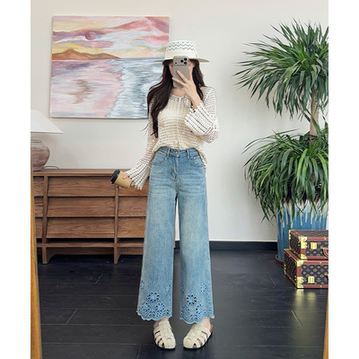 乔栈浅蓝镂空刺绣莱赛尔天丝软牛仔裤女夏季清爽垂感小个子九分裤