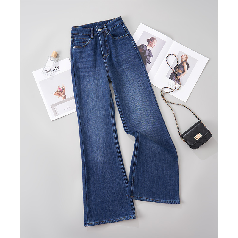 乔栈加绒高腰微喇牛仔裤女2025秋冬爆款通勤长裤宽松不贴腿喇叭裤