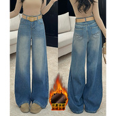 女秋冬加绒复古做旧宽松垂感拖地裤 乔栈美式 高街废土风阔腿牛仔裤