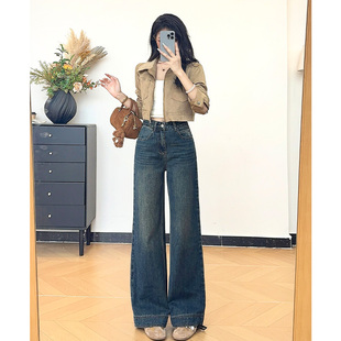 女高腰宽松显瘦直筒裤 高街设计感阔腿复古牛仔裤 美式 乔栈秋冬新款