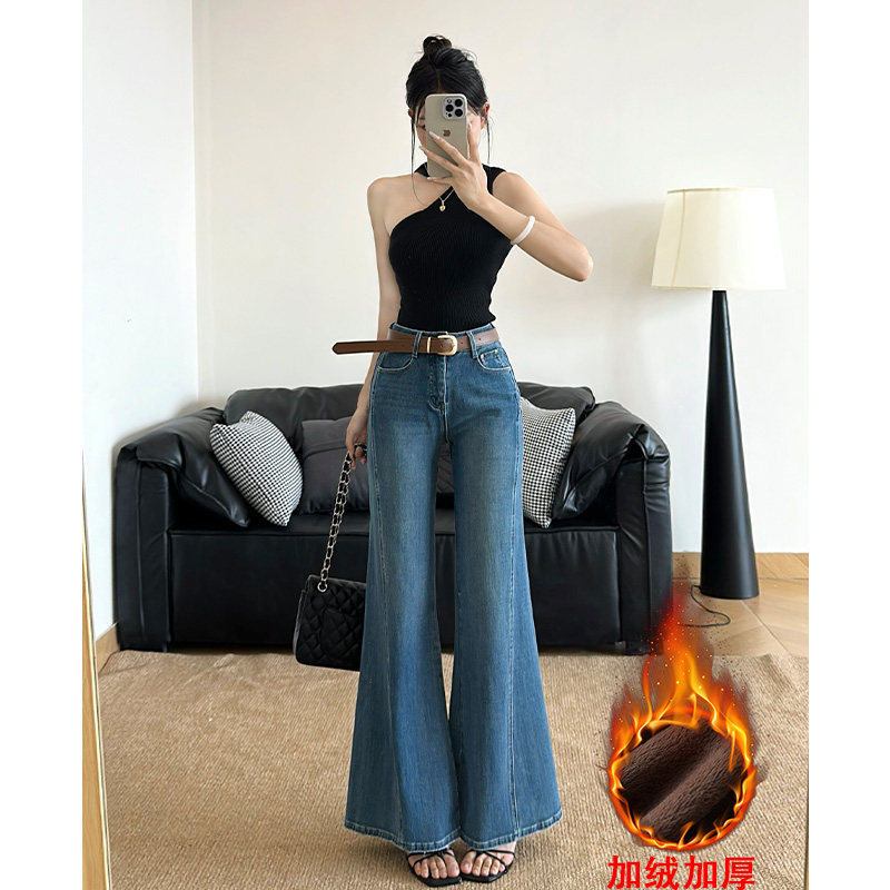 乔栈爆款土耳其蓝设计感微喇牛仔裤女秋冬高腰显瘦加绒修身喇叭裤