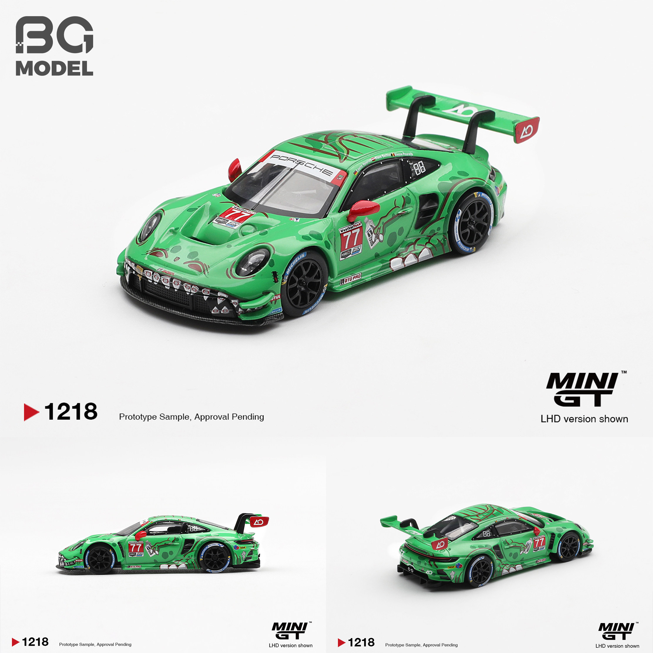 MINIGT#1218 1:64保时捷911GT3 R#77AO Racing绿恐龙合金汽车模型图片