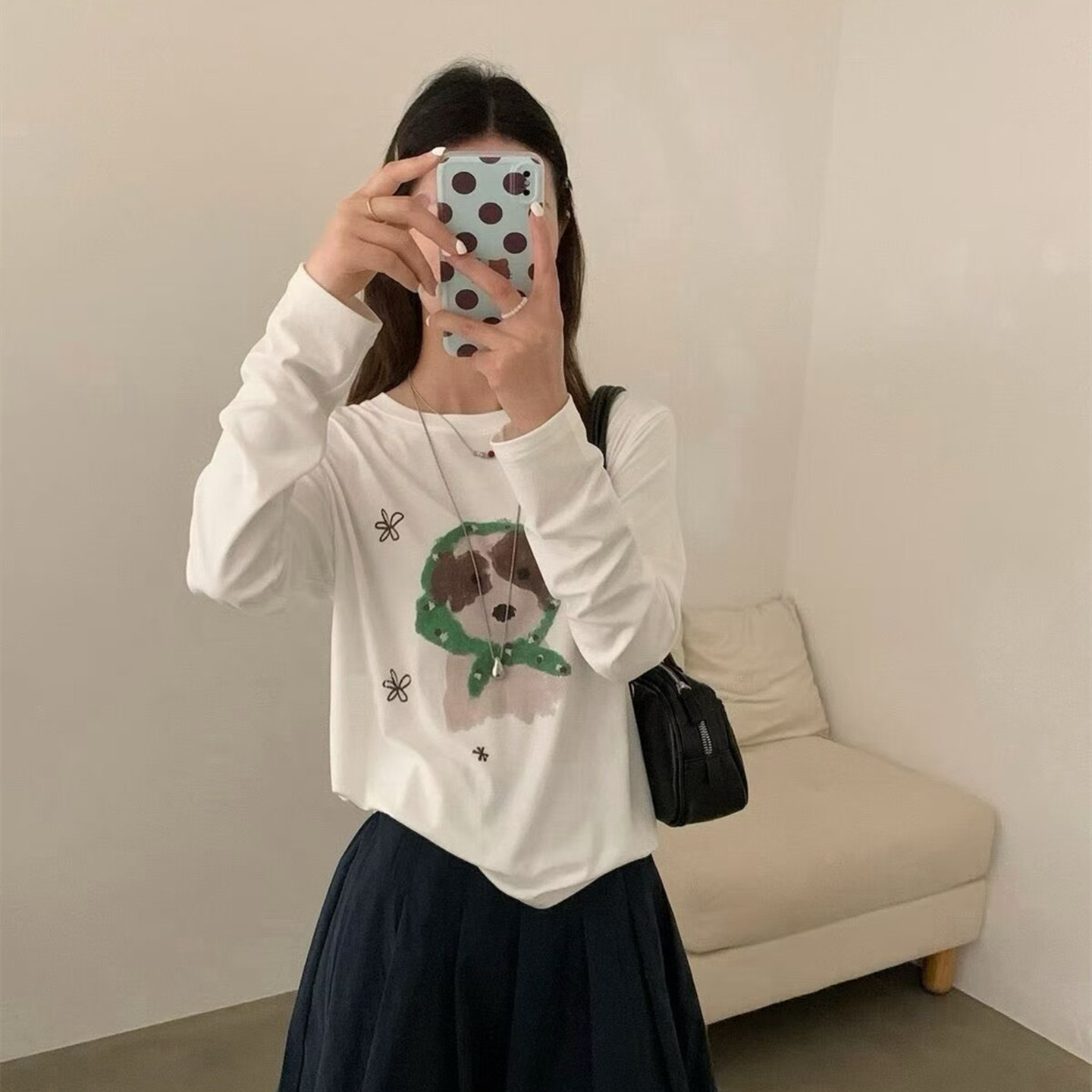 韩版卡通小狗印花纯棉长袖T恤女