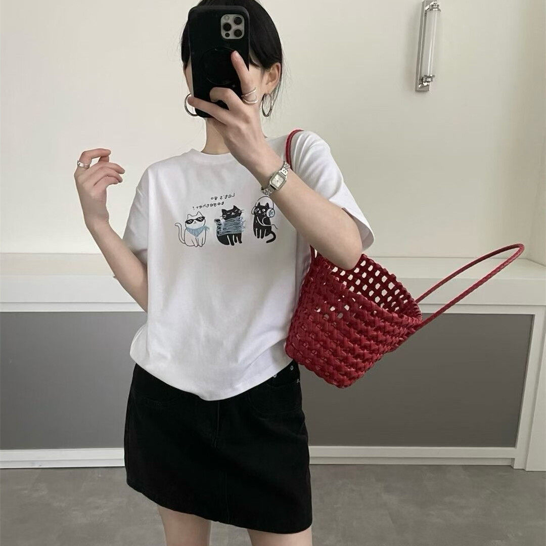 韩系卡通刺绣猫咪纯棉短袖T恤女2026春夏新款宽松减龄百搭上衣潮