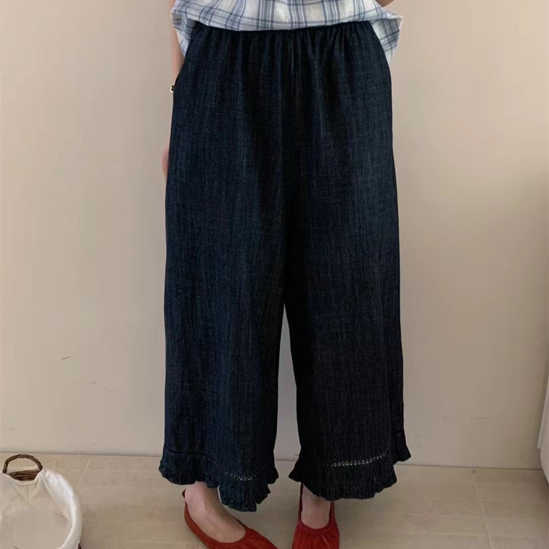 韩系木耳边天丝薄款牛仔裤女九分2025夏季新款宽松显瘦休闲阔腿裤