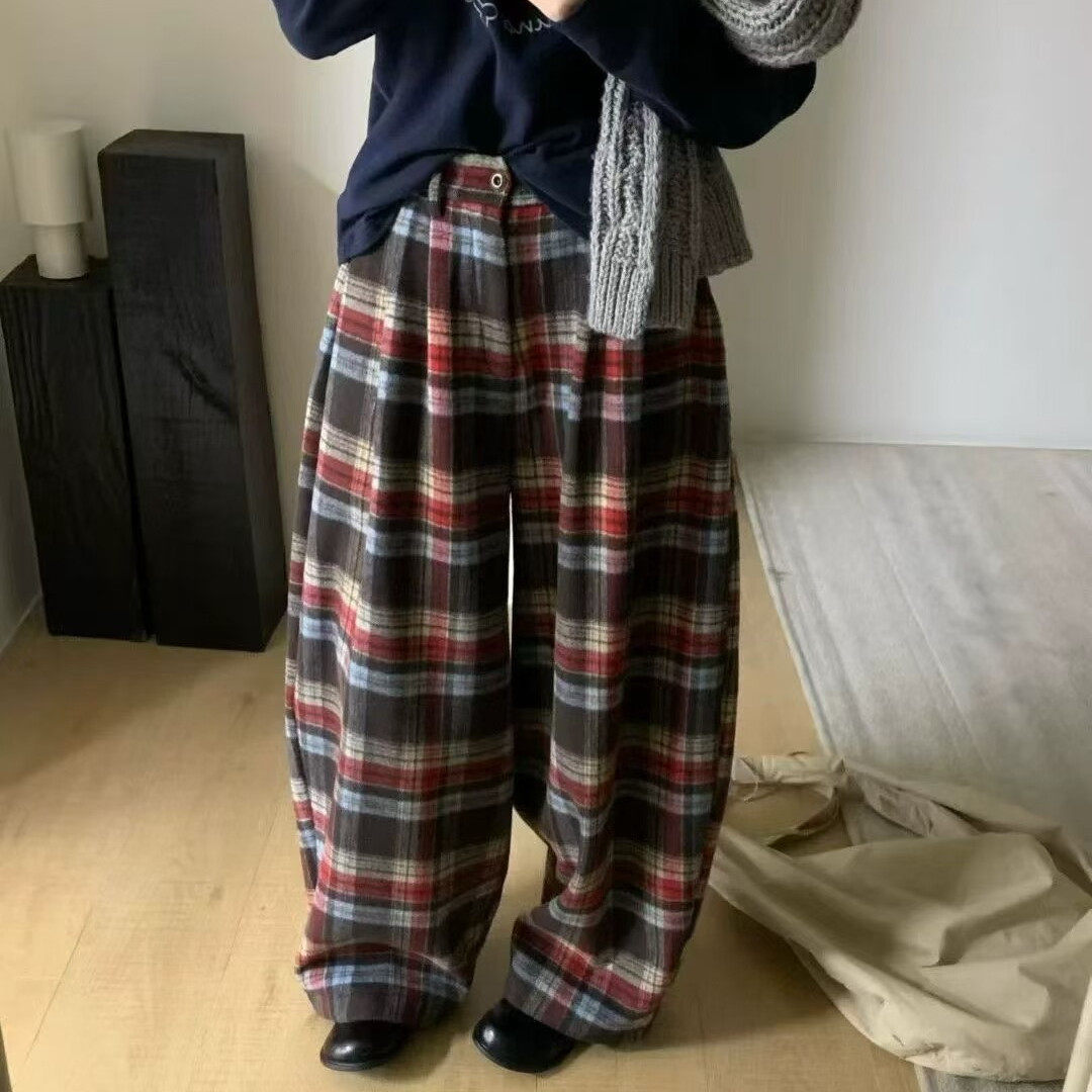 韩版复古加绒格子裤子女2025冬季