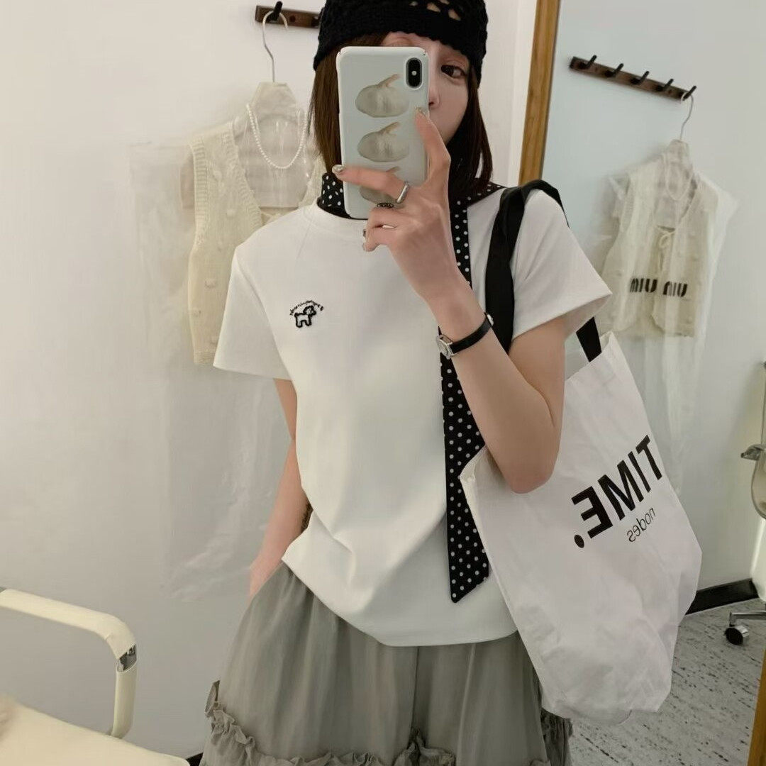 韩系卡通刺绣小狗纯棉正肩短袖T恤女2026春夏新款宽松减龄上衣潮