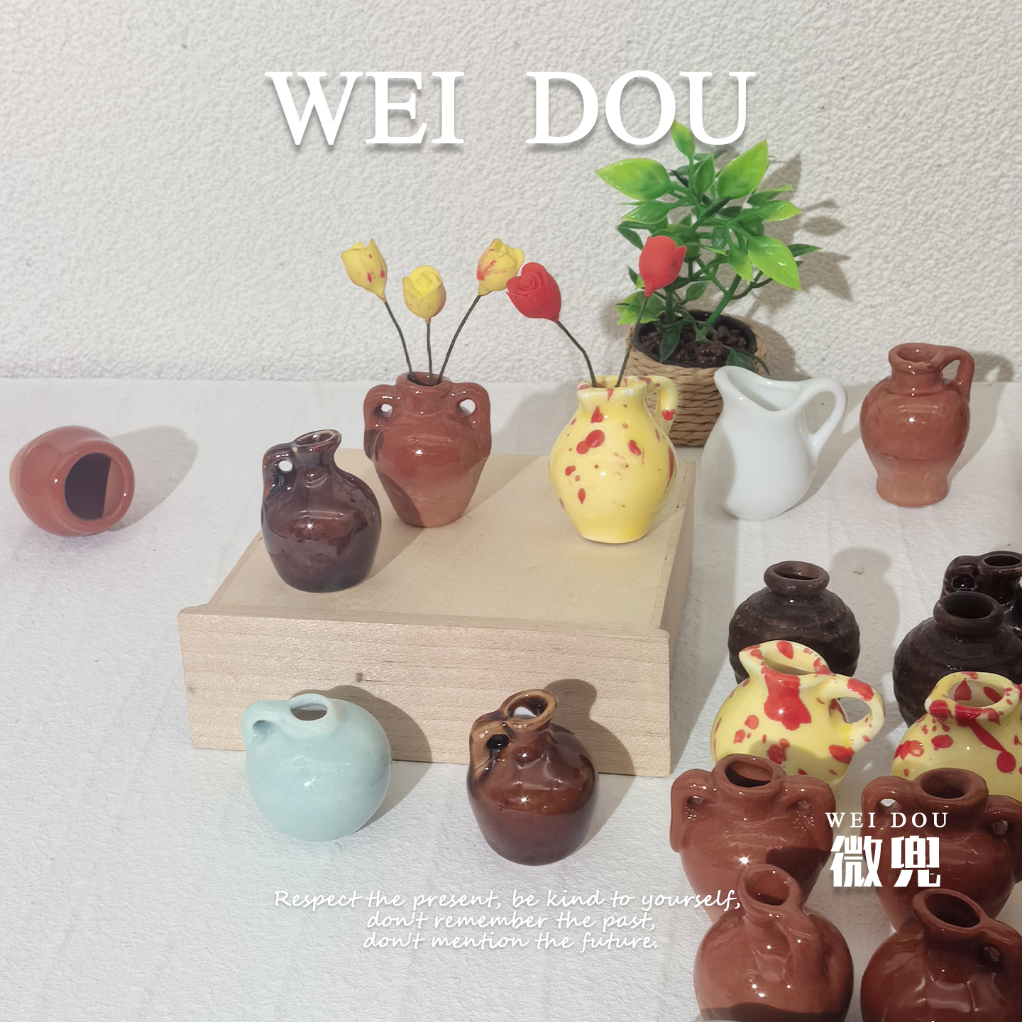 bjd微缩花盆娃娃屋半釉陶瓷瓶手工迷你瓷器ob11袖珍拇指花瓶摆件
