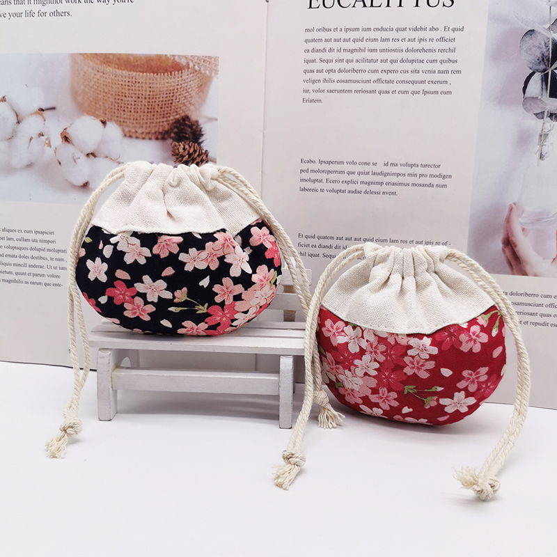 新品棉麻香囊袋ins和风樱花抽绳束口袋收纳小布袋碎花圆弧首饰袋