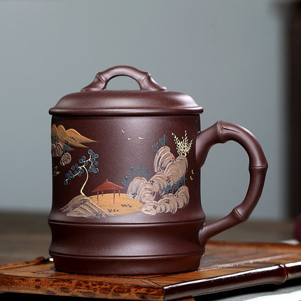宜兴紫砂杯纯手工精品大容量泥绘山水茶杯女男士款个人专业盖杯