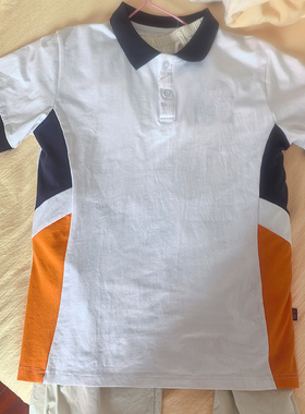 定制校服短袖上衣白色深灰短裤中小学生白色拼接藏蓝色翻领pole衫