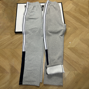 滦县一中校服裤子浅灰加绒保暖长裤纯棉运动休闲裤拼接白条学生裤