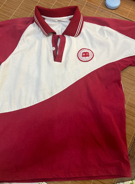 龙吟学校学生校服红色短袖上衣拼白中小学生纯棉运动休闲夏pole衫