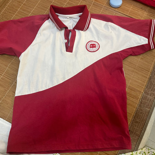 红色短袖上衣拼白学生校服夏纯棉