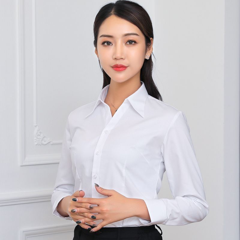韩版新款纯棉白色衬衫女长袖职业免烫工装衬衣短袖V领工作服修身