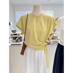 夏季新款韩系小众慵懒风系带收腰宽松显瘦圆领短袖t恤女正肩上衣