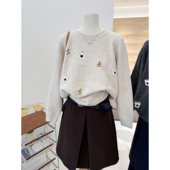 韩版 圆领保暖小熊提花针织毛衣女冬季 宽松软糯套头减龄卡通上衣