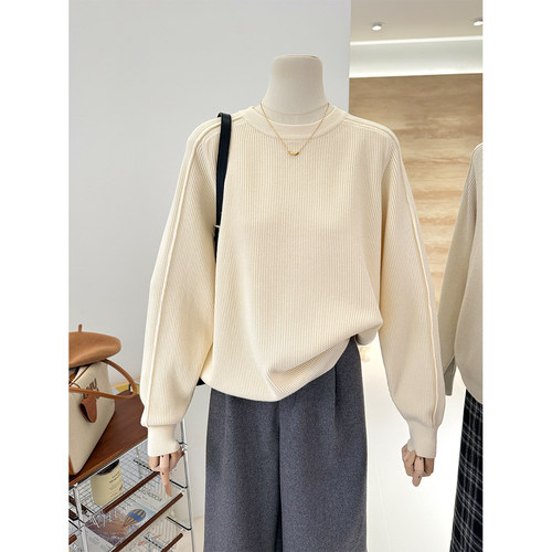 韩系简约纯色坑条螺纹圆领显瘦百搭针织衫女冬季气质内搭毛衣上衣