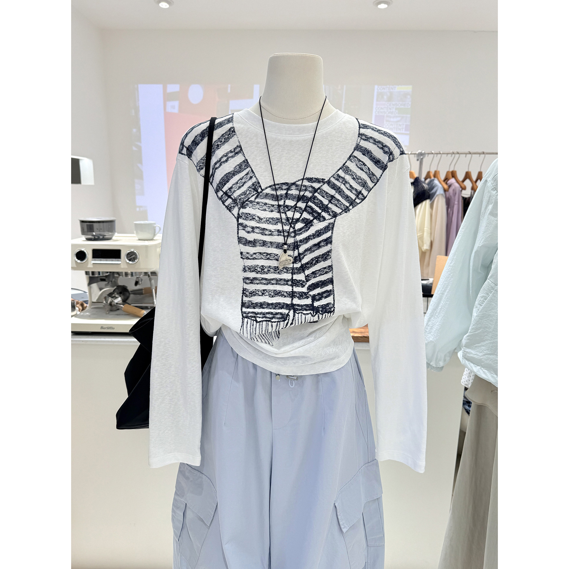 春夏新款韩式设计感披肩印花长袖T恤女宽松雪花棉百搭防晒上衣