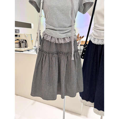 夏季新款韩国货高品质松紧腰木耳标半身裙女宽松休闲a字格子短裙