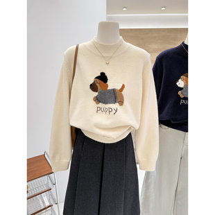 半高领秋冬新款 韩系卡通减龄小狗提花宽松显瘦保暖针织套头毛衣女