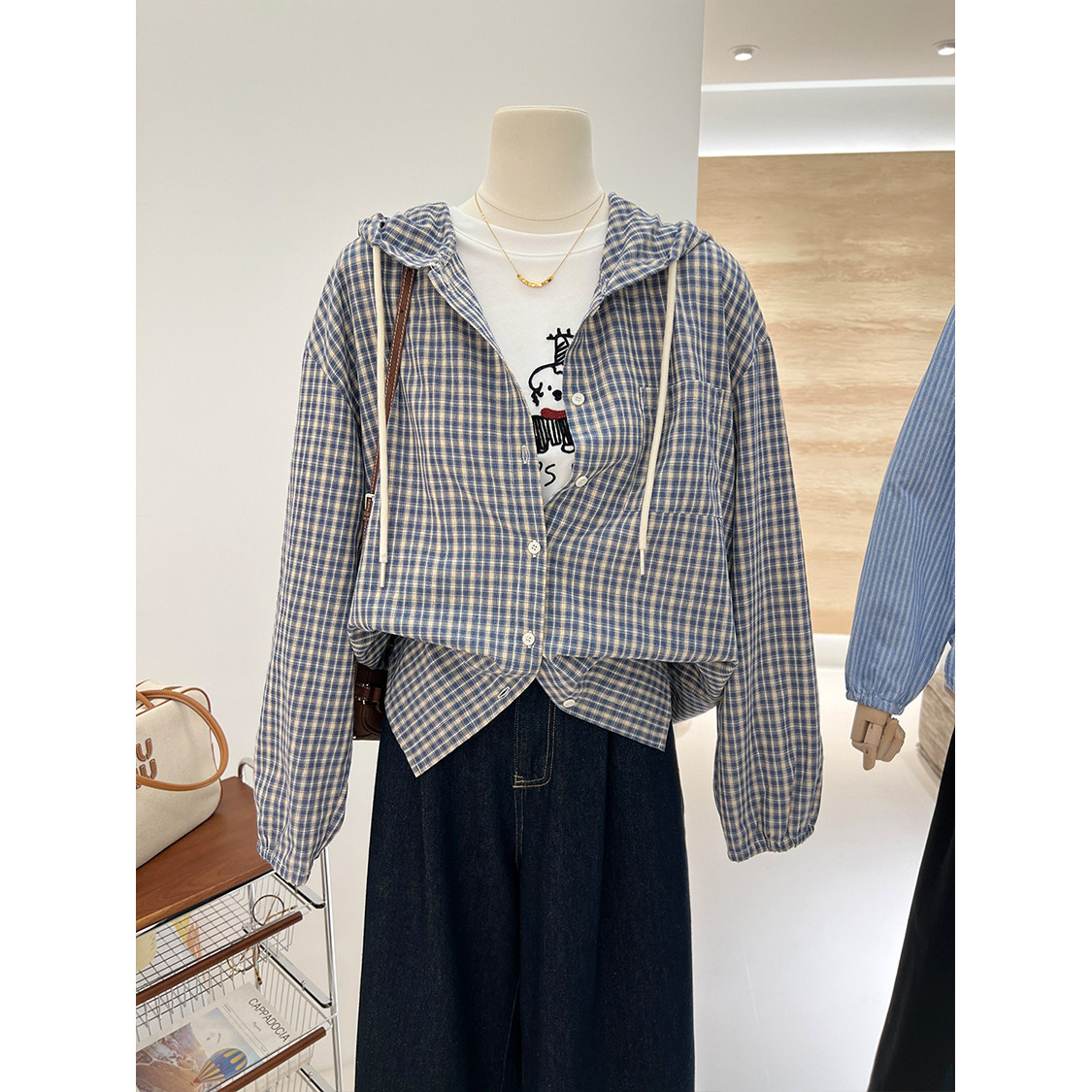 春季新品韩系简约大气百搭连帽格子条纹衬衫女宽松衬衣帽衫外套,女装/女士精品,衬衫,淘宝优惠券,粉丝福利购,淘宝优惠卷