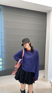百搭圆领条纹长袖 2025秋款 时尚 韩版 T恤女宽松显瘦上衣 新款