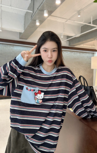 百搭圆领条纹长袖 2025秋款 时尚 韩版 T恤女宽松显瘦上衣 新款