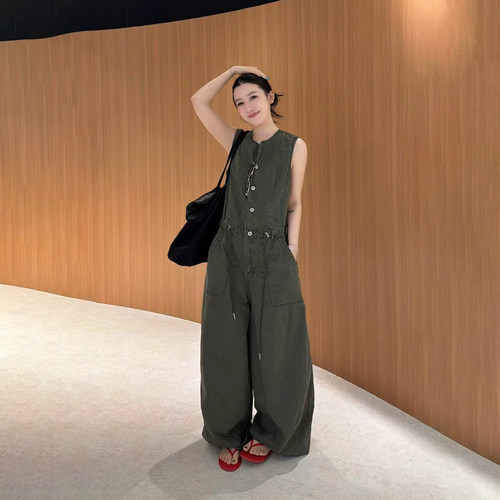 FeiFei高端定制 美式复古工装无袖收腰抽绳宽松阔腿显瘦连体裤女