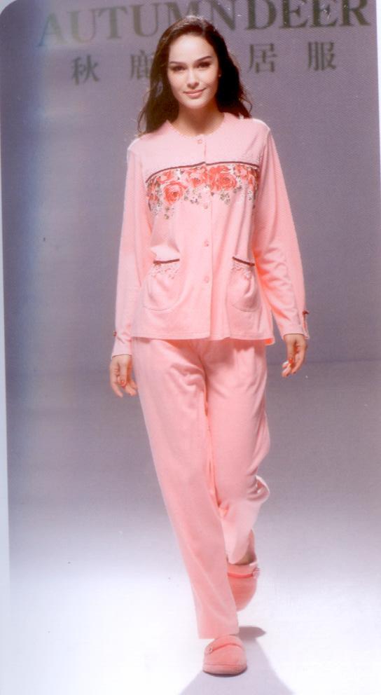 女睡衣春秋款秋鹿贴蕾丝纯棉定位印花金丝绒镶边开衫长袖套装CD26