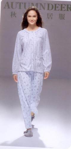 简约秋鹿女针织纯棉蕾丝开衫睡衣