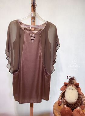 夏女睡裙秋鹿品牌桑蚕真丝拼绢丝蝙蝠袖V领钉时装水钻中裙QKA2283