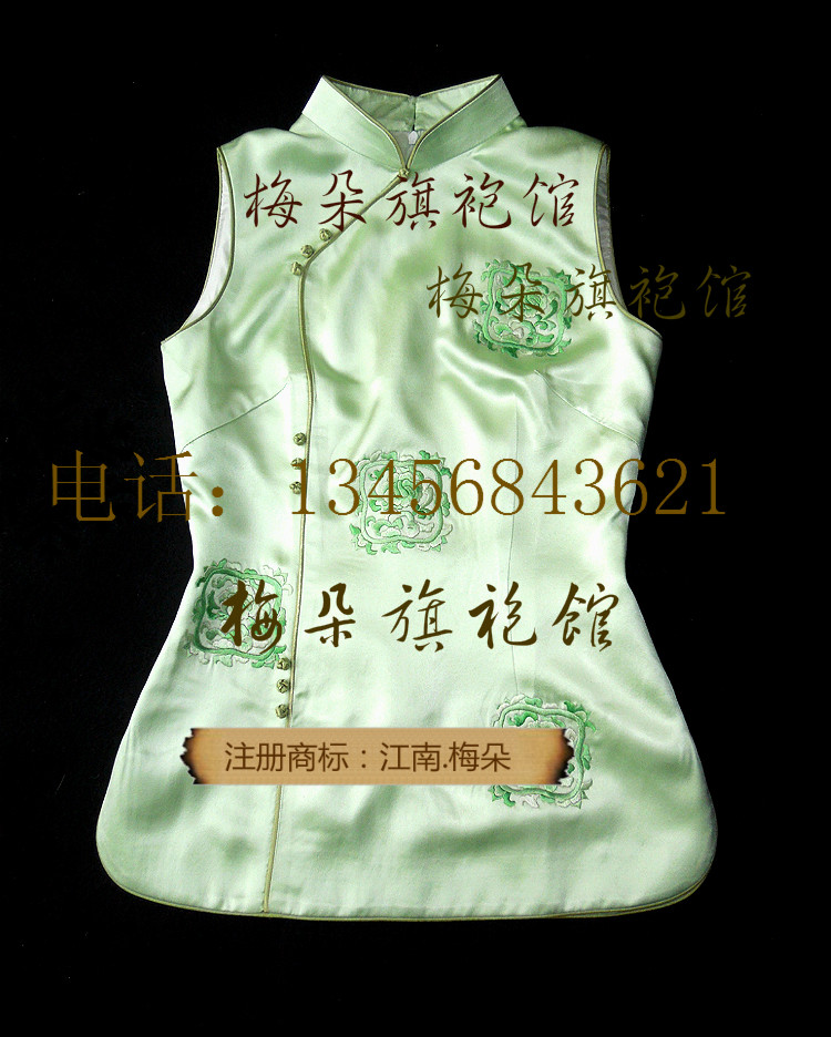 【梅朵旗袍馆】手绣 浅粉绿  重磅真丝缎纯手工绣花旗袍上衣订做