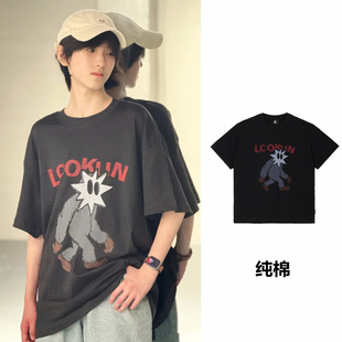 TF家族4代左奇函同款衣服情侣复古印花百搭T恤女宽松夏季街头纯棉