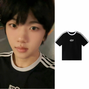 运动T恤男女情侣夏 条纹字母短袖 TF家族张函瑞明星同款 三条杠美式