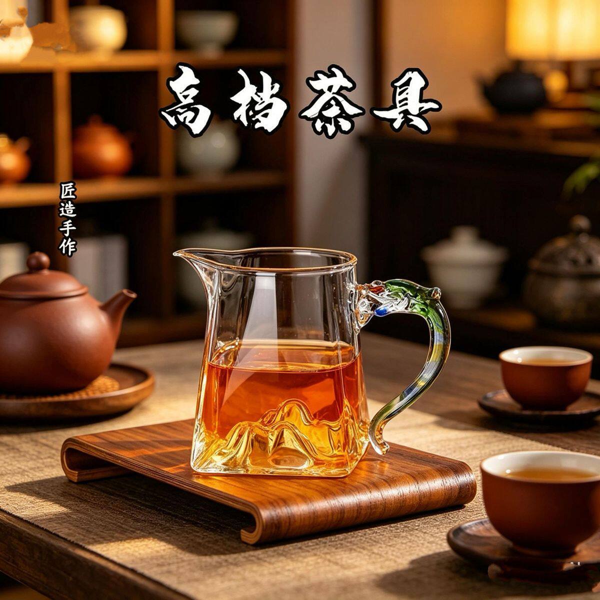 观山龙把公道杯茶海茶器加厚高端耐热玻璃茶具七彩龙把月牙公杯