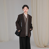 谜阿凰 女廓形复古 外套秋冬款 清梦毛呢无领西装 原创设计新中式