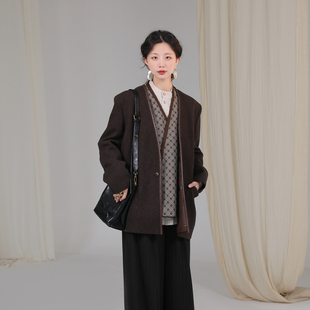 外套秋冬款 原创设计新中式 女廓形复古 清梦毛呢无领西装 谜阿凰