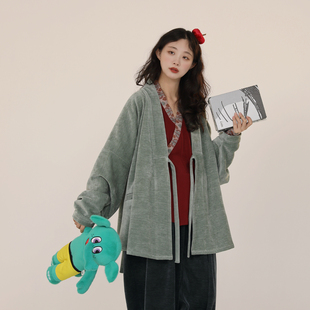 原创秋冬日常复古休闲女 明制汉服上衣对穿交弓袋袖 谜阿凰 青釉