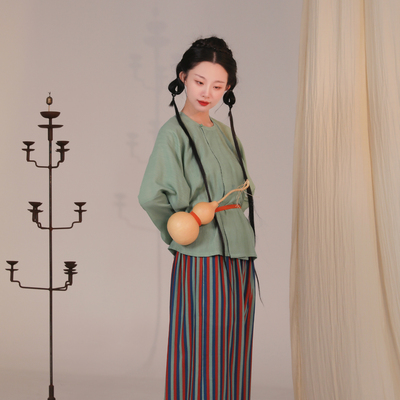 谜阿凰唐制圆领衫绿色改良女士